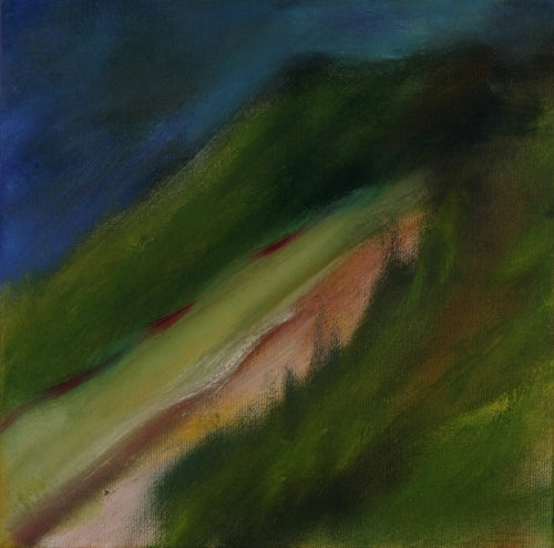 Abstract oil painting by Melanie Circle with a sloping green and pink hillside under a deep blue sky, evoking effort, ascent, and quiet determination.

