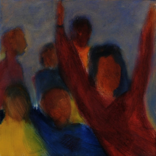 Abstract oil painting by Melanie Circle depicting joyful, loosely painted figures with raised arms, evoking celebration and communal arrival.

