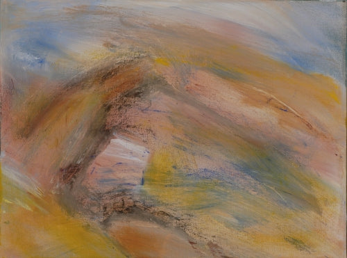 Abstract oil painting by Melanie Circle in soft rose, gold, and pale blue, evoking lightness, memory, and peaceful completion.

