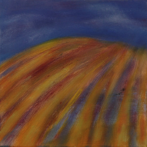 Abstract painting of flowing ochre and orange lines over a deep blue sky, evoking a windswept Spanish field by Melanie Circle.
