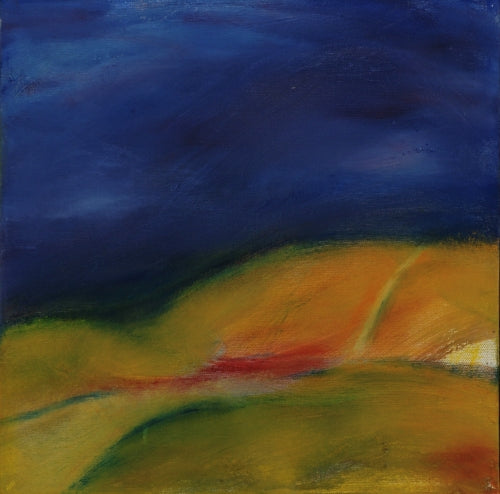 Abstract painting of rolling gold and green hills under a dark blue sky, with a red path or shadow running through the middle. From Melanie Circle’s Camino series.

