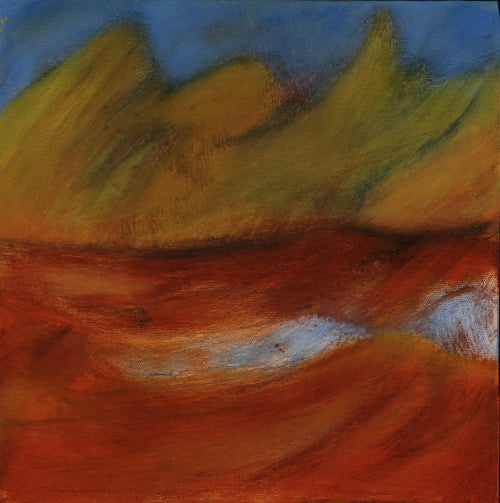 Abstract landscape painting with crimson-red foreground, pale golden hills, and a soft blue sky — evoking memory and movement on the Camino by Melanie Circle.

