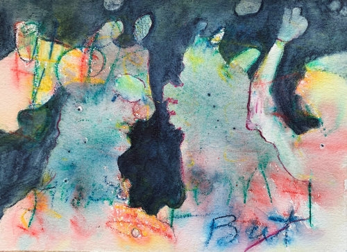 Intuitive mixed media painting by Melanie Circle, featuring abstract human-like forms and glowing colour interplay in her SWTBT No. 1 from Quadra Island.