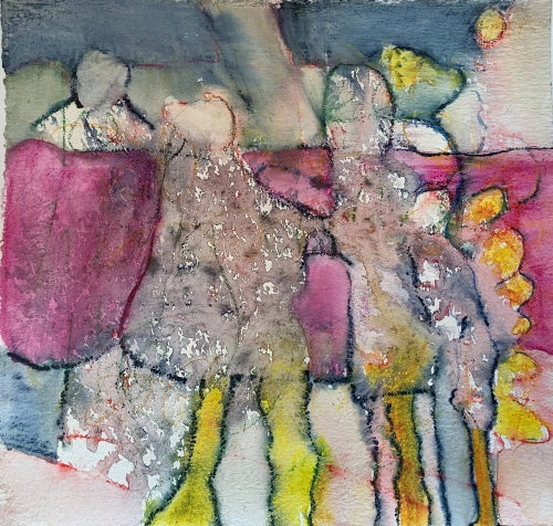 Abstract mixed media painting by Melanie Circle featuring translucent, human-like forms in soft pinks, yellows, and greys, from her SWTBT No. 2 series.