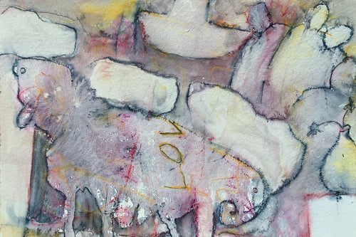 Abstract painting featuring soft-edged animal-like forms and the faint word "LOVE" emerging from a mist of pale lavender, yellow, and grey tones.

