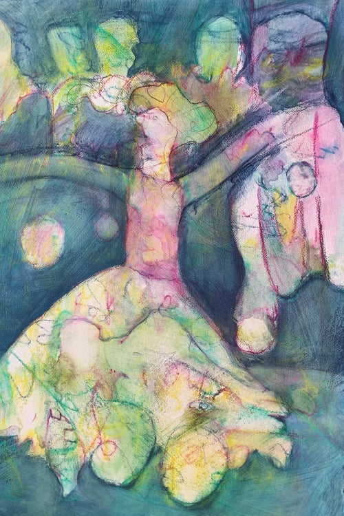 A soft, abstract painting of a figure in a flowing dress, arm outstretched, surrounded by teal, pink, and green hues with emerging shapes and ghostly outlines.

