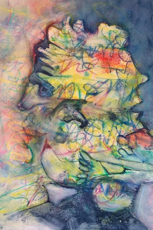 Abstract mixed media painting of a dancer-like figure in soft pinks and greens, surrounded by ghostly silhouettes and swirling textures in teal and violet.

