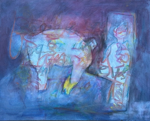 Abstract mixed media painting in purple and blue tones with two central figures — one bent, one upright — emerging from swirling layered brushstrokes and text.