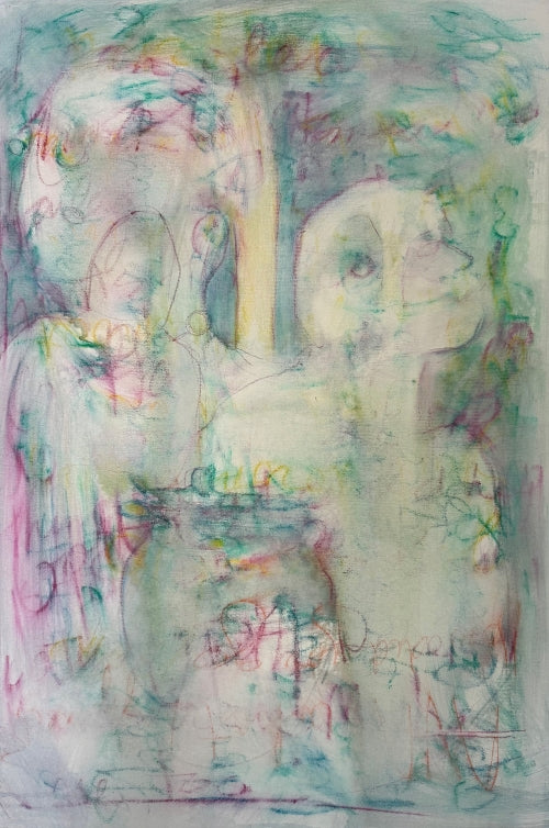 Abstract mixed media painting in soft pastels by Melanie Circle, featuring ghostly overlapping figures and layered textures in green, pink, and yellow tones.

