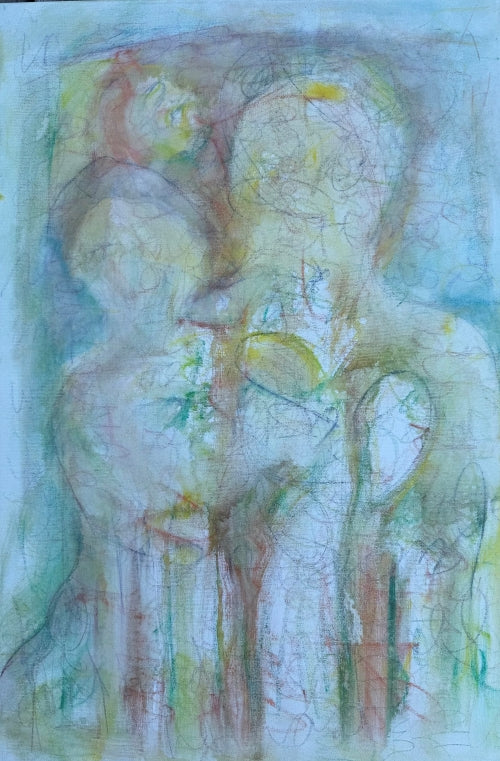 Soft abstract painting with faint overlapping figures in pastel green, yellow, and red, created by Melanie Circle using mixed media and intuitive mark-making.


