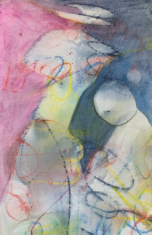 Abstract painting with curved white forms, red and yellow scribbles, and soft overlays of pink, grey, and blue — intuitive and emotionally charged.

