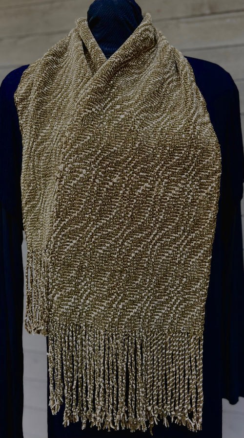 Moss green and grey handwoven rayon chenille scarf with fringe, by Quadra Island fibre artist Vyvyan Dorsett. Soft, drapey, and luxurious.