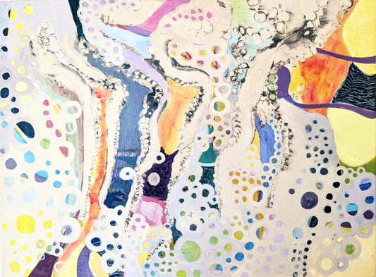 Original mixed media painting by Sylvia Yung featuring abstract octopus forms with colourful circles, tentacle shapes, and ocean-inspired textures.

