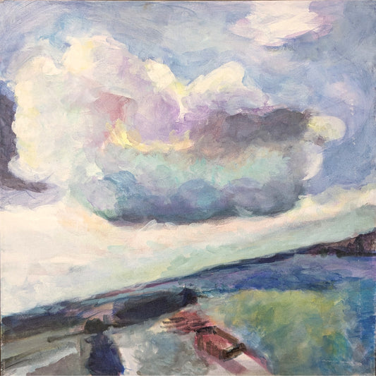 Acrylic painting of a vivid cloudscape over water with boats and shore, 24x24", by Sylvia Yung

