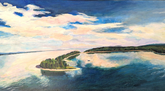 Original acrylic painting by Sylvia Yung showing aerial view of Rebecca Spit, Quadra Island, with sandy spit, forest, turquoise waters, and pastel sky.