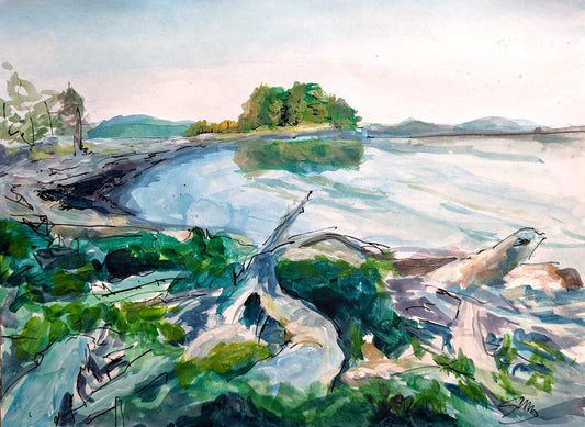 5x7 art card reproduction of watercolour and ink painting by Sylvia Yung showing driftwood and tidal inlet, The Spit Narrows, Quadra Island.

