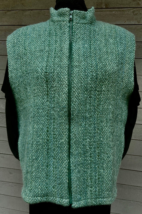 Teal blue handwoven wool vest by Vyvyan Dorsett, high collar, zip front, lined with pockets, 44×28 in