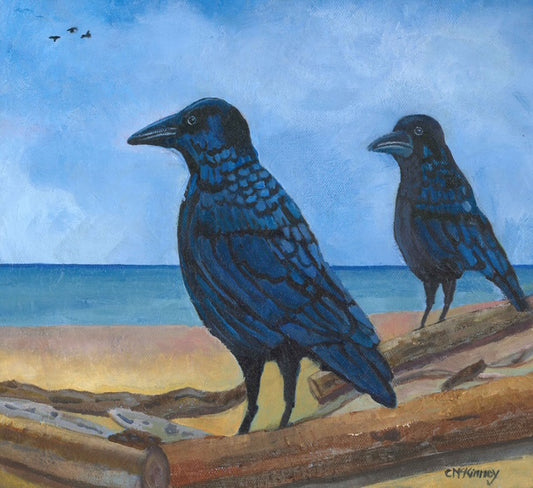 Acrylic painting of two ravens on the beach, created by Quadra Island artist Christine McKinney, available as wall art or greeting card.

