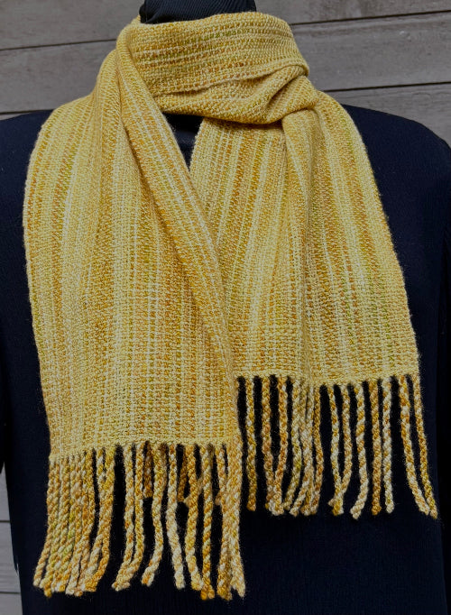 Variegated gold merino wool scarf, artisan-made on Quadra Island by Vyvyan Dorsett, handspun, hand-dyed, handwoven, with fringe