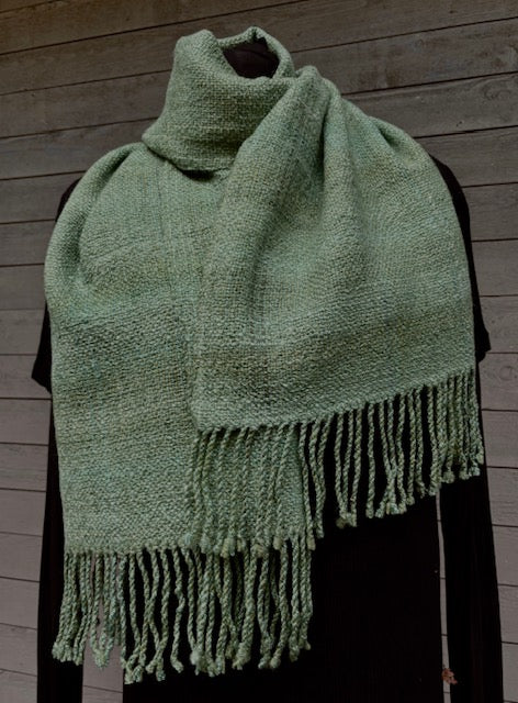 Variegated green handspun merino wool scarf by Vyvyan Dorsett, Quadra Island – handwoven with fringe