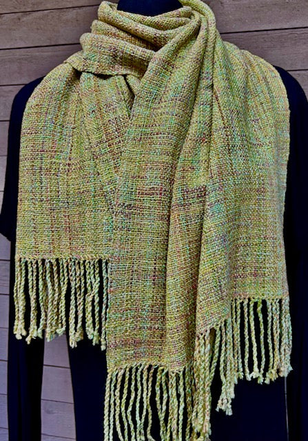 Variegated moss and green handspun merino, silk, and cotton scarf by Vyvyan Dorsett – handwoven with fringe